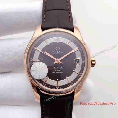 Swiss Copy Omega De Ville Hour Vision Mens Watch Rose Gold Leather 41mm